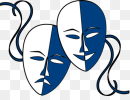 Classic theater masks representing comedy (smiling) and tragedy (frowning), split blue and white with flowing ribbons.