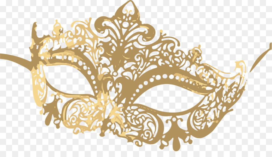 Ornate gold Venetian masquerade mask with intricate filigree and lace-like cutouts on transparent background.