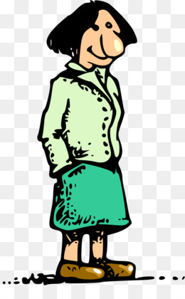Cartoon woman with short black hair, green jacket, teal skirt, and brown shoes standing sideways.