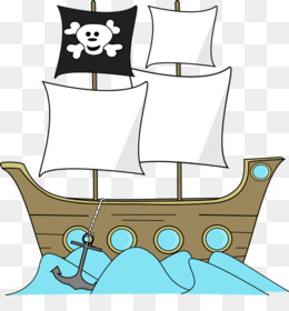 Cartoon pirate ship with black Jolly Roger flag, white sails, wooden hull, and anchor in blue waves.