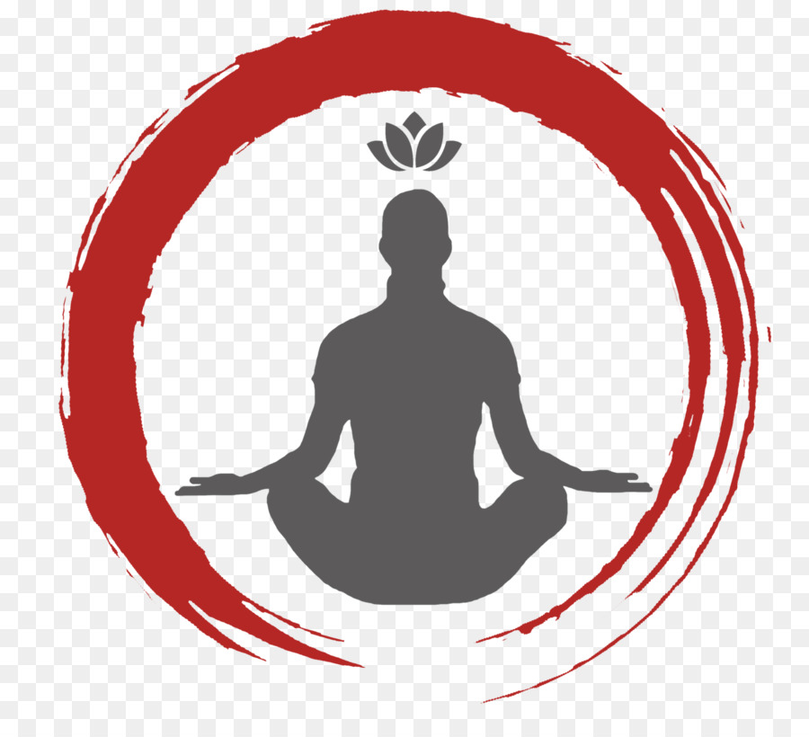 Silhouette of a person meditating in lotus pose within a red enso circle, with a lotus flower above the head.