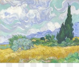 Van Gogh’s vibrant landscape with golden wheat field, cypress tree, and swirling sky.
