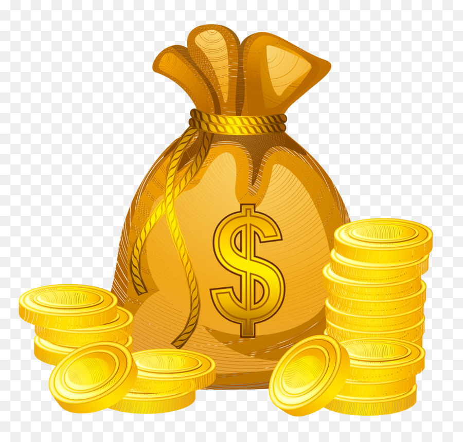 Golden money bag with dollar sign and stacks of gold coins on transparent background.
