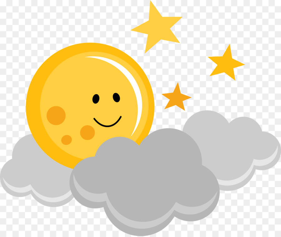 Smiling yellow moon peeking from gray clouds with three golden stars in a cheerful night sky illustration.