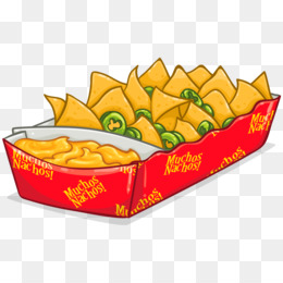 A red takeout box filled with golden tortilla chips, melted cheese sauce, and sliced jalapeños, labeled "Muchos Nachos".