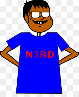 Cartoon boy with glasses, blue "N3RD" t-shirt, hands on hips, smiling confidently.