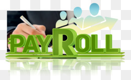 Hand writing on document with "PAYROLL" in bold green 3D text and stylized worker icons above.