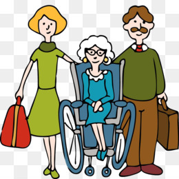 A smiling family-woman, elderly woman in wheelchair, and man-standing together with luggage, suggesting travel or caregiving support.