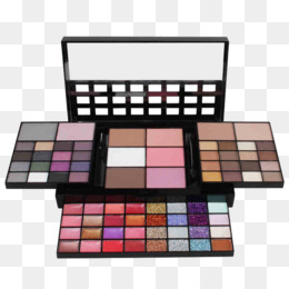 Open multi-tiered makeup palette with eyeshadows, blushes, and lip colors in matte and shimmer finishes.