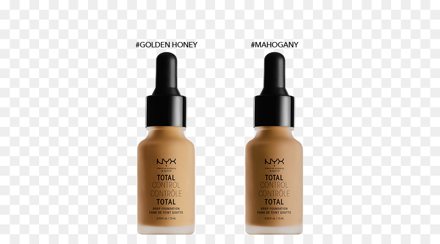 NYX Total Control Drop Foundation in Golden Honey and Mahogany shades, two glass dropper bottles on transparent background.
