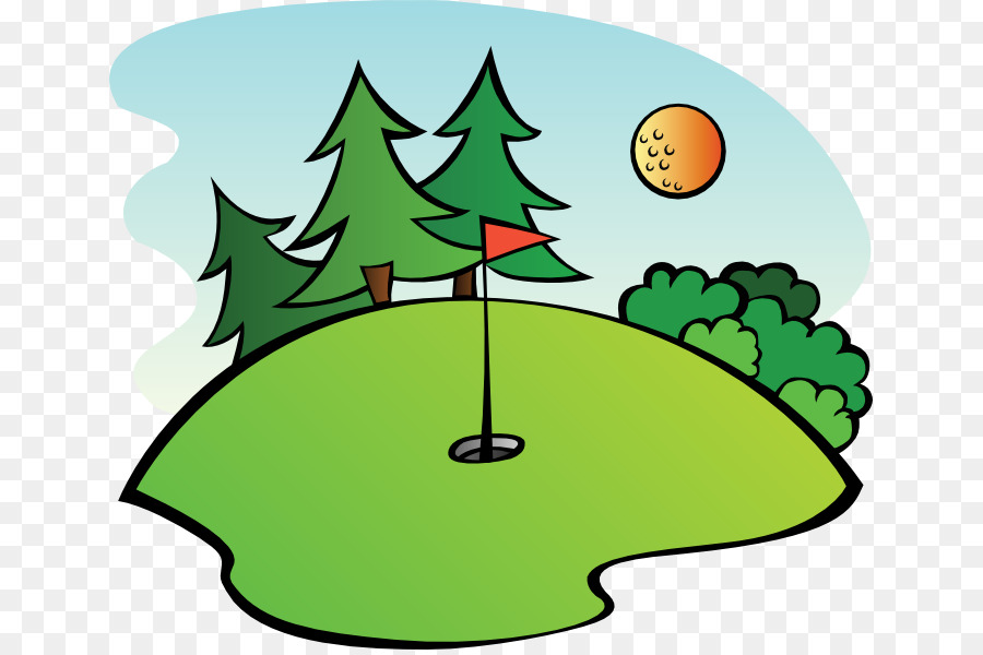 A cartoon-style golf green with a red flag, hole, pine trees, bushes, and a sun-shaped golf ball in the sky.