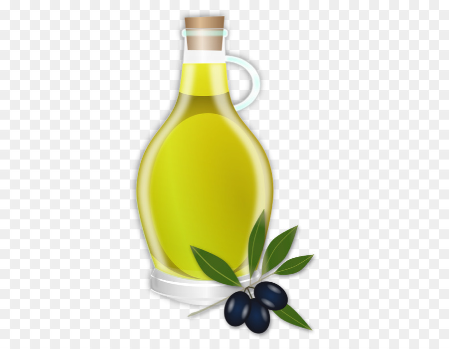 Glass bottle of golden olive oil with cork stopper, handle, and fresh black olives with green leaves beside it.