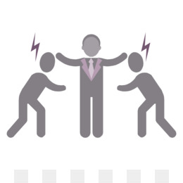 A central figure in a suit stands calmly between two aggressive figures with lightning bolts indicating conflict or stress.