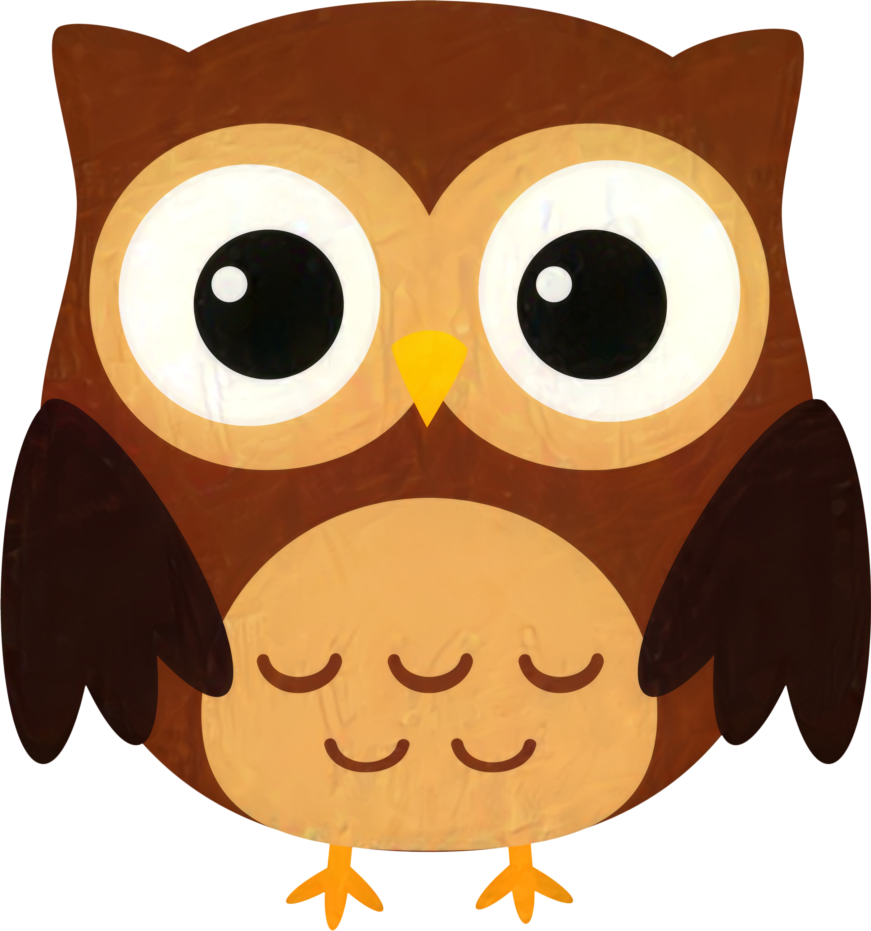 Cute cartoon owl with large eyes holding a smiling baby owl against a dark background.