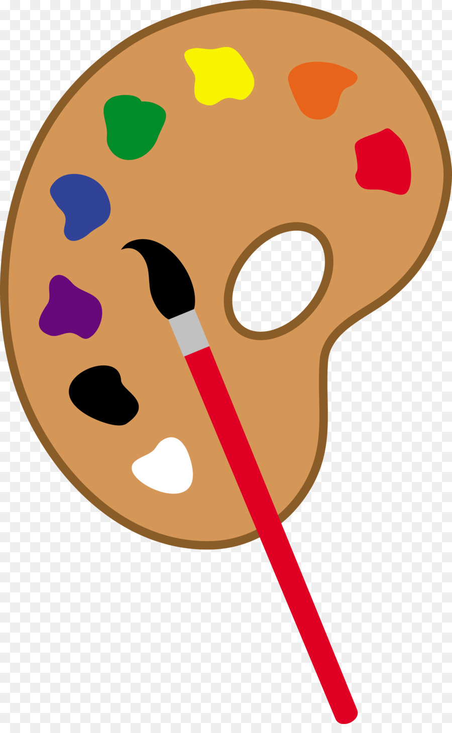 Wooden artist’s palette with colorful paint blobs and a red-handled brush resting diagonally across it.