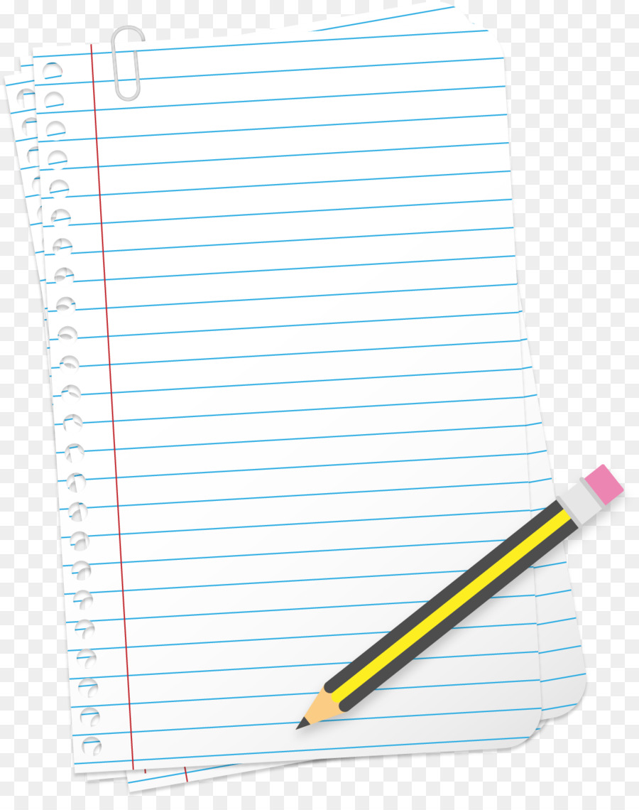Stack of lined notebook paper with a pencil and paperclip, ready for writing or note-taking.