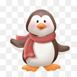 Cute cartoon penguin wearing a red scarf, standing with arms outstretched on transparent background.