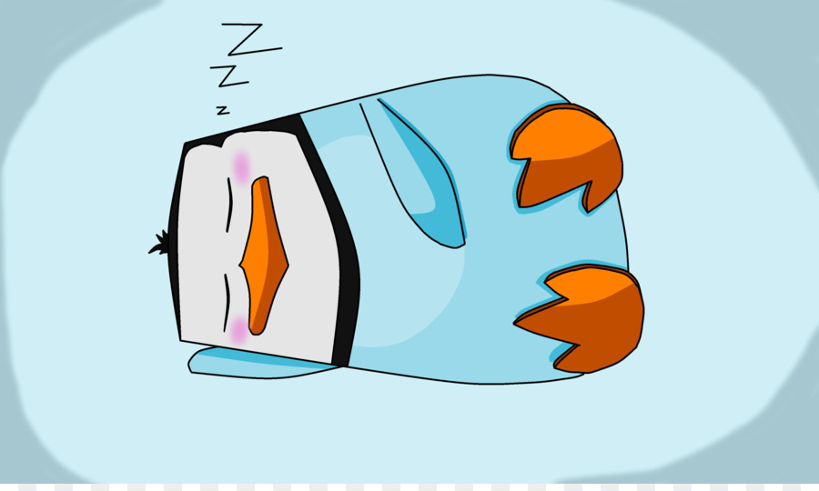A cartoon penguin sleeping on its side with Z's above its head, orange beak and feet, light blue body.