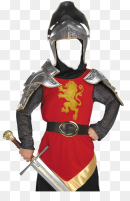 Medieval knight costume with red tunic, golden lion emblem, silver armor, and sword-ideal for cosplay or Halloween.