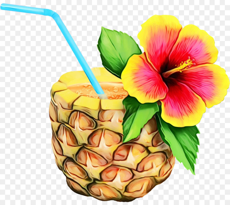 Pineapple cocktail with blue straw and hibiscus flower garnish on transparent background