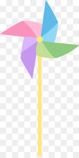 Colorful paper pinwheel with pink, blue, green, and purple blades on a yellow stick against transparent background.