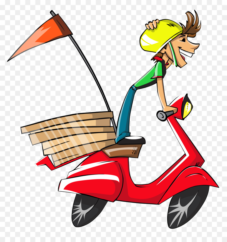 Cartoon delivery rider on red scooter with pizza boxes and orange flag, wearing yellow helmet and smiling.