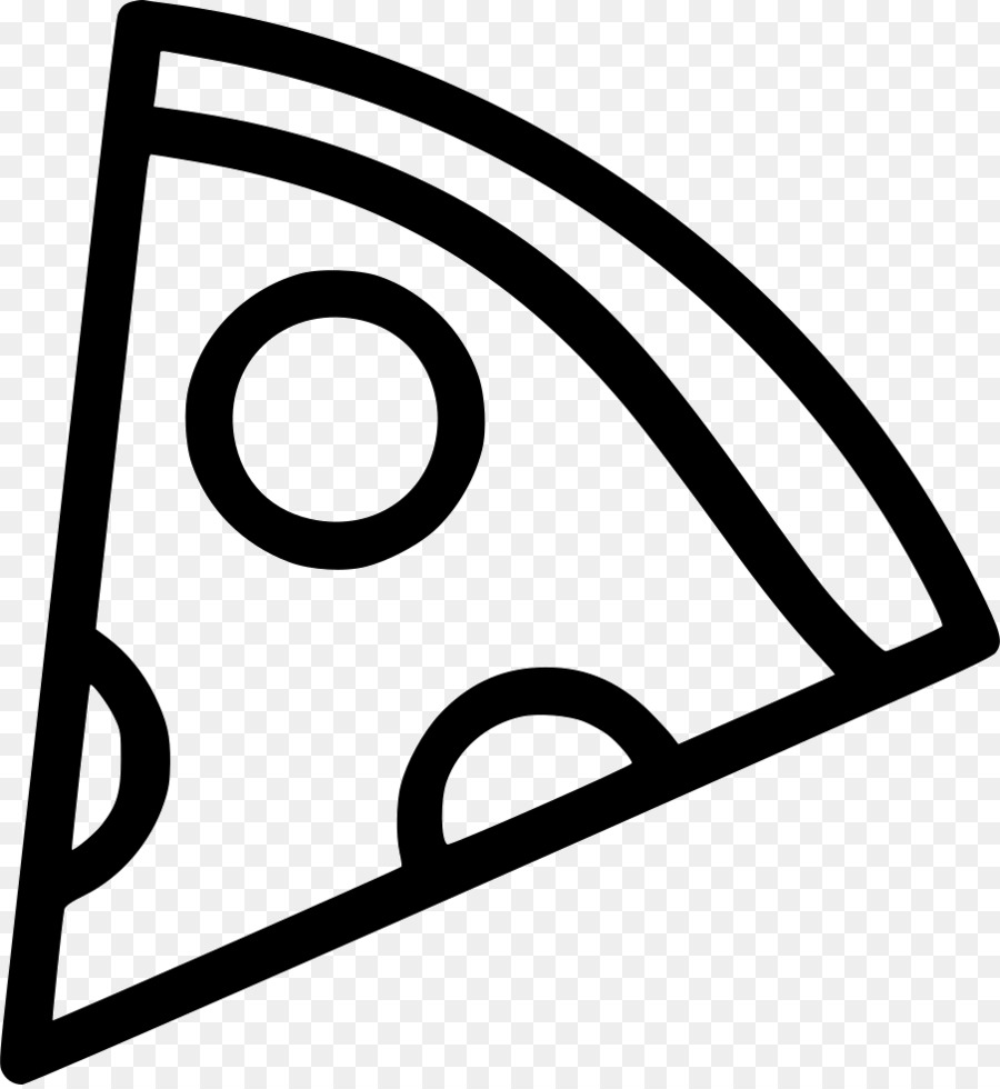 Black line-art icon of a triangular pizza slice with cheese and toppings on transparent background.