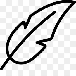 Simple black outline of a quill feather on transparent background, symbolizing writing or creativity.