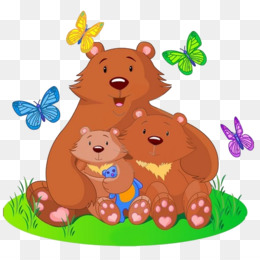 A happy bear family-mother, father, and cub-sitting on grass with colorful butterflies fluttering around them.