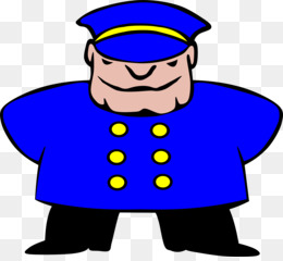 Cartoon doorman or security guard in blue uniform with yellow buttons and cap, standing confidently with hands on hips.