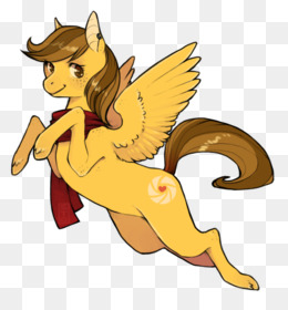 A cheerful yellow pegasus with brown mane and tail, wearing a red scarf, mid-flight with wings spread.