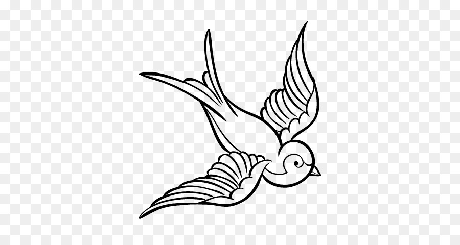 Black-and-white line drawing of a flying swallow with outstretched wings and forked tail.