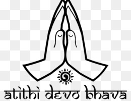 双手合十祈祷姿势，下方印有梵文“Sātīthi Deva Bhava”与太阳符号，象征虔诚与神圣祝福。