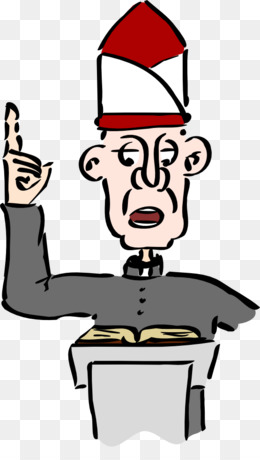 Cartoon priest in red-and-white zucchetto preaching from a pulpit with open book and raised finger.