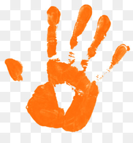 Bright orange handprint with paint smudges on transparent background, symbolizing creativity or childhood art.