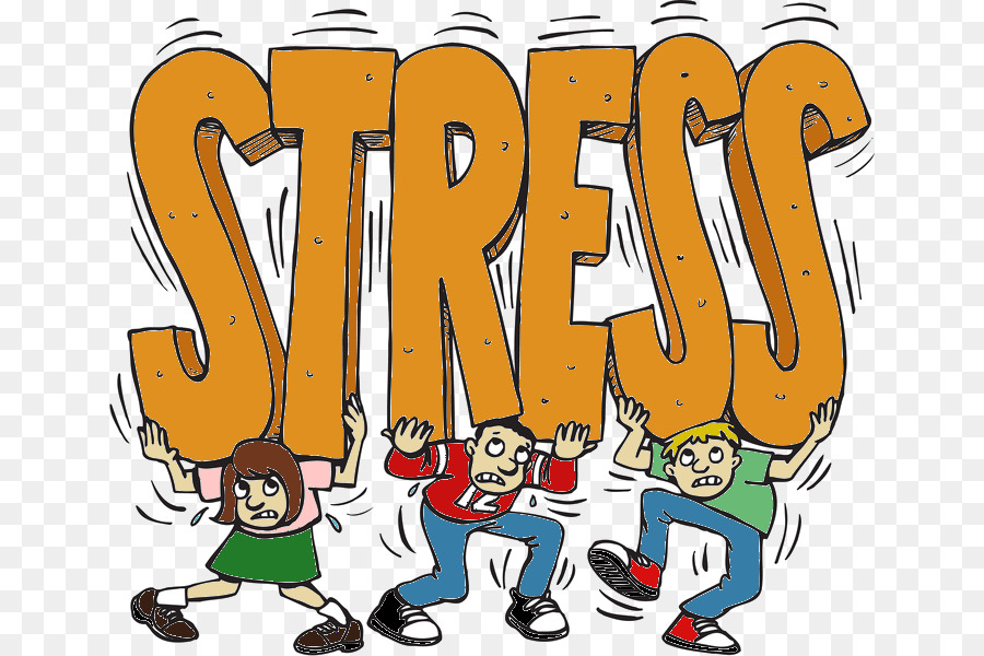 Three cartoon children straining to hold up giant orange letters spelling "STRESS".