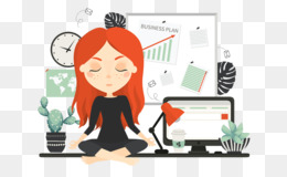 A red-haired woman meditates at a cluttered desk with laptop, plants, clock, and business plan board.