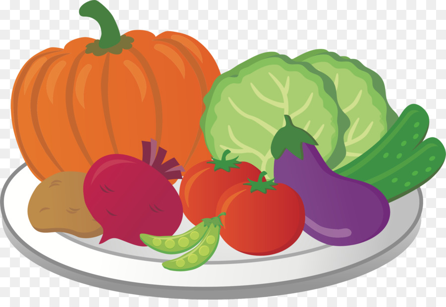 A colorful plate of fresh vegetables including pumpkin, cabbage, tomato, eggplant, beetroot, potato, peas, and zucchini.