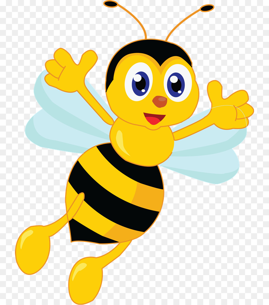 Cheerful cartoon bee with big blue eyes, waving arms, and translucent wings on transparent background.