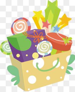 Colorful gift bag overflowing with wrapped presents, lollipops, stars, and festive decorations.