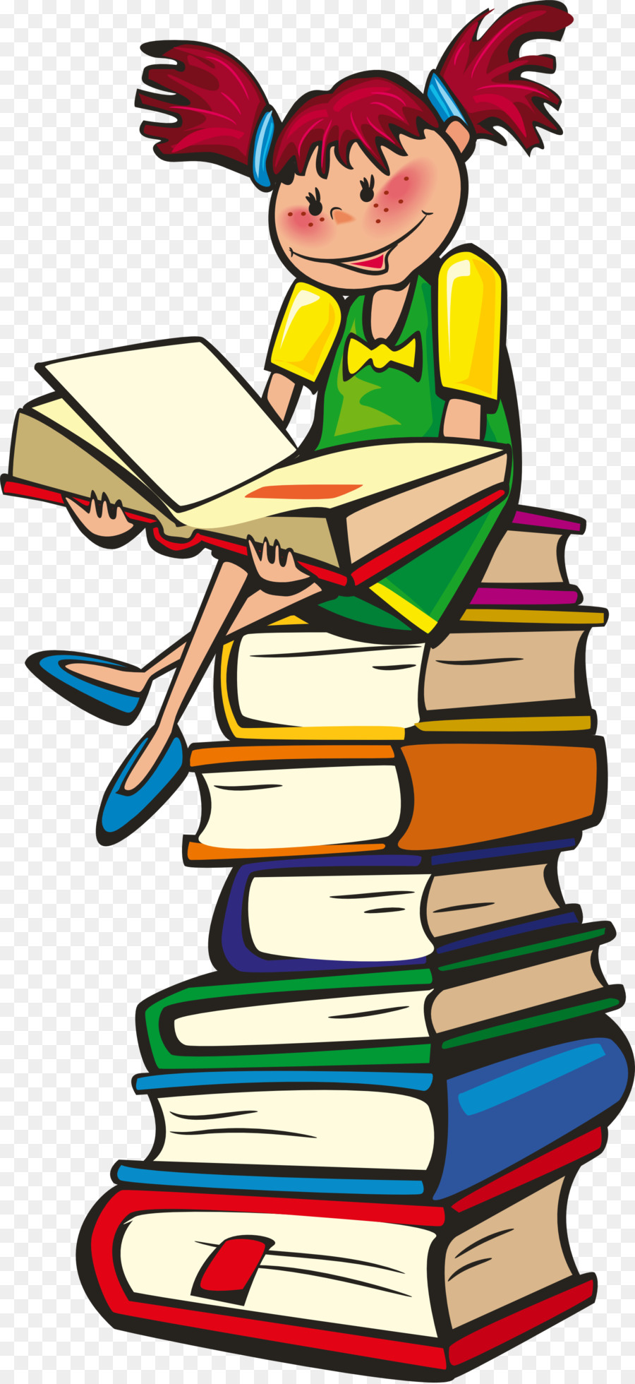 Happy Girl Reading on Stack of Books - Educational Illustration