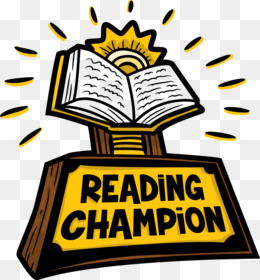 Open book on pedestal with sunburst and "Reading Champion" sign, symbolizing literacy achievement.