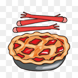 A cartoon-style rhubarb pie with lattice crust and fresh rhubarb stalks above it.
