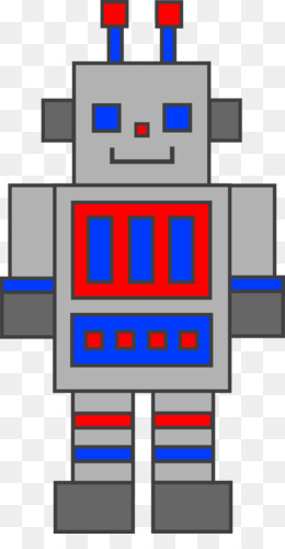 Pixel-art robot with gray body, blue eyes, red antennae, and red-blue chest panel.