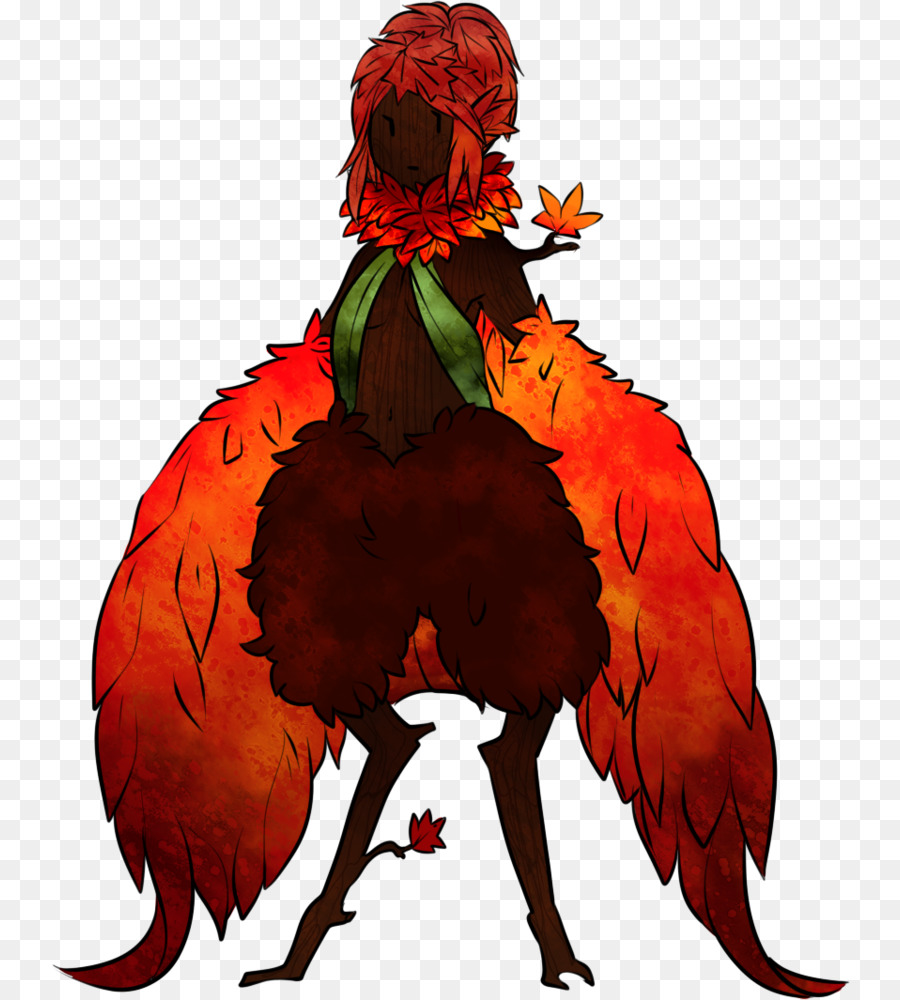 Autumn-themed fantasy creature with leafy hair, feathered wings, and floral adornments in warm reds and oranges.