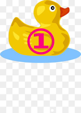 Yellow rubber duck with pink number 1 circle, floating on blue water surface.