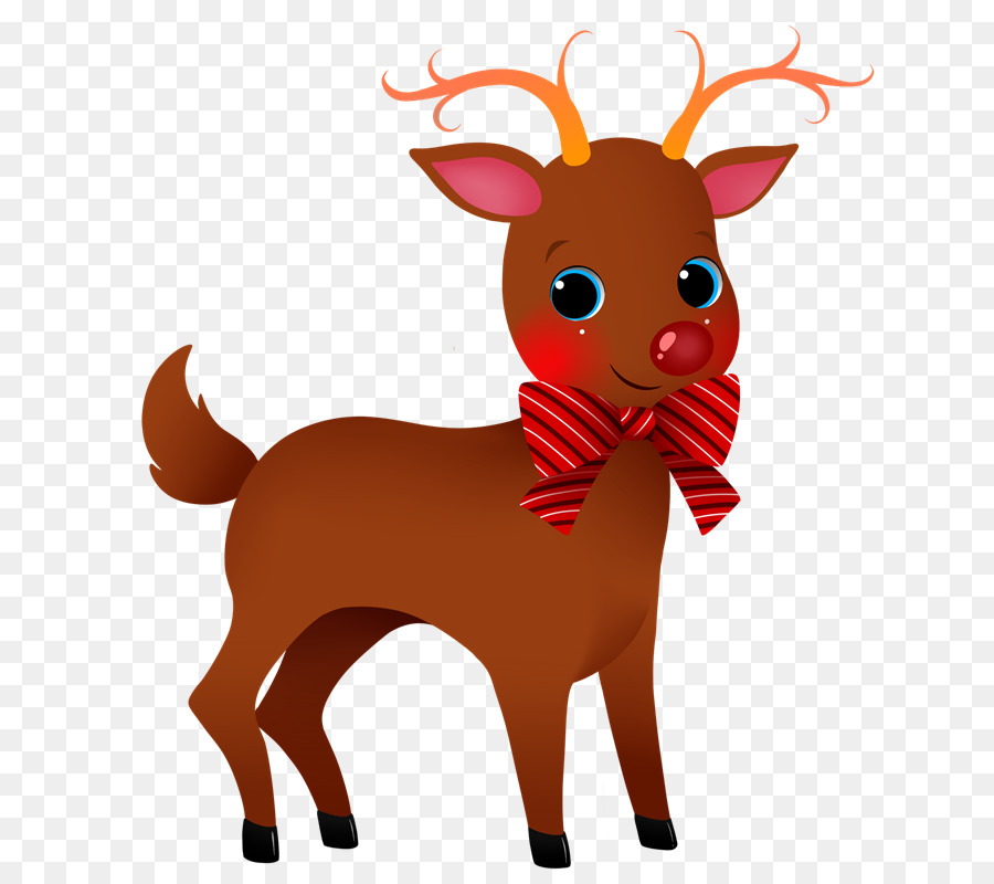 Cute cartoon reindeer with red nose, striped bow tie, and orange antlers on transparent background.