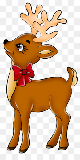 Cute cartoon reindeer with red bow and antlers, standing sideways on transparent background.