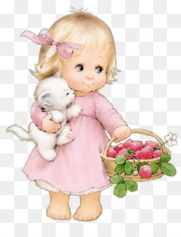 A blonde girl in a pink dress holds a white kitten and a basket of strawberries.