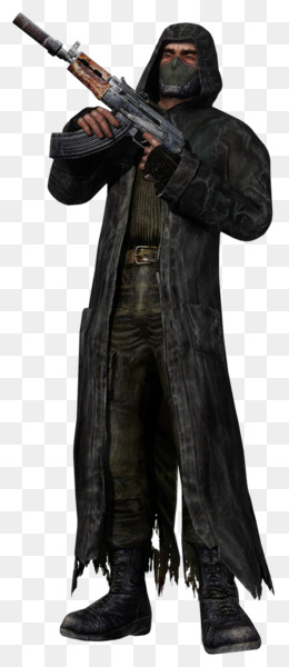 Hooded figure in tattered black coat holding an AK-47 rifle, wearing a gas mask and combat boots.